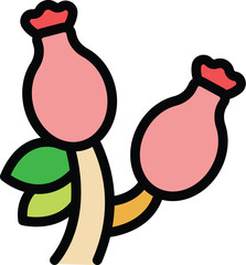 This minimalist vector illustration features two pink poppy seed pods growing on a stem with green leaves, evoking themes of nature and the outdoors