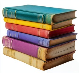 Fototapeta premium A stack of vintage books featuring colorful covers, resting on a clean white surface