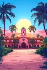 Pink Building with Palm Trees and Sunset