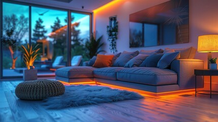 Home Automation, vibrant colors, tech devices, modern setting, inviting