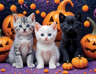 playful kittens pose with Halloween pumpkins in a festive autumn setting