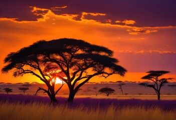Obraz premium breathtaking vibrant savanna landscapes showcasing dramatic sunset skies filled rich colors natural serenity, sky, horizon, nature, scenery, clouds, dusk