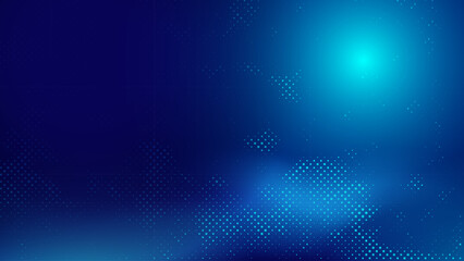 Abstract blue hitech technology background with halftone effect and glowing light. Vector illustration.