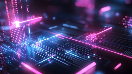 Futuristic Digital Landscape with Neon Lights and Holographic Patterns