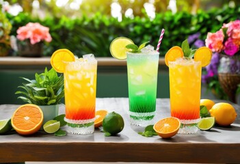 Fototapeta premium vibrant iced beverage infused refreshing citrus colors perfect summer enjoyment, drink, cocktail, mocktail, lemon, lime, orange, fruity, colorful, party