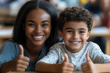 Tutoring and mentorship concept. Black female teacher and happy schoolboy gesturing thumbs up and smiling sitting at desk in class, Generative AI
