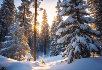 stunning snow covered forest landscape featuring majestic soft serene winter light, trees, nature, scenery, cold, fog, silhouette, wilderness, path