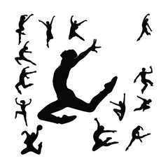 Silhouette of a black dancer leaping in mid-air vector set icon with  white background