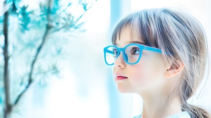 Fototapeta premium Young child wearing blue glasses focusing on distant tree outside window, symbolizing myopia prevention and importance of outdoor activities.