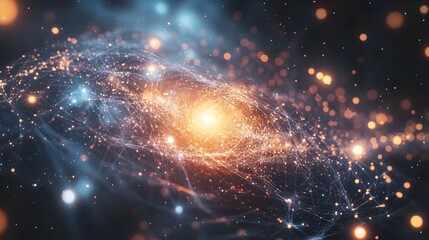 Obraz premium Cosmic Dance of Quantum Computing Particles in Ethereal Galaxy Nebula