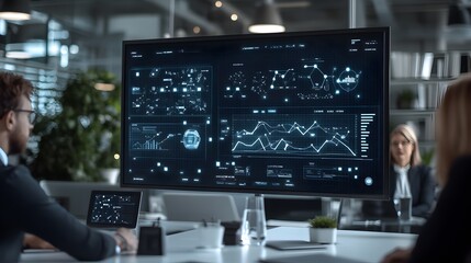 Futuristic Data Analytics Dashboard with Graphs and Diagrams on Monitors in Modern Office Workspace