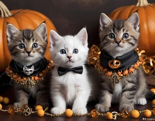 playful kittens pose with Halloween pumpkins in a festive autumn setting