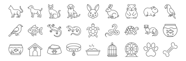 Pets line icon set. Vector pictograms of cat, dog, rabbit, fish, bird, lizard, domestic animals thin linear illustration.