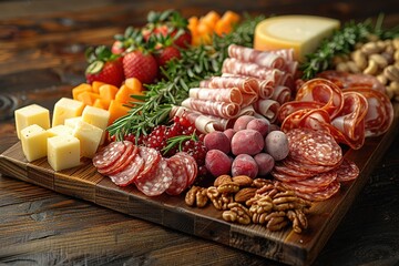 A vibrant charcuterie board featuring meats, cheeses, fruits, and nuts for sharing and enjoyment.