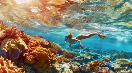 A woman is swimming gracefully in the vast ocean near a coral reef