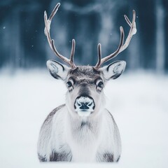 A close-up of a reindeer in a snowy landscape.