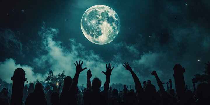 Halloween background with zombie silhouettes on cemetery, creepy scene with full moon, concept poster, invitation, background, postcard, party
