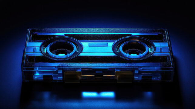 Audio cassette tape on blue background, a nostalgic piece of technology, reminiscent of the analog era of music