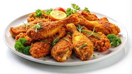 Fototapeta premium Delicious Isolated Fried Chicken Wings and Legs with Crispy Fish on White Plate for Mouthwatering Meal Inspiration and Food Photography