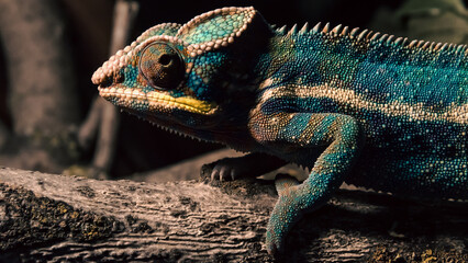 colorful chameleon on a branch in the dark at night