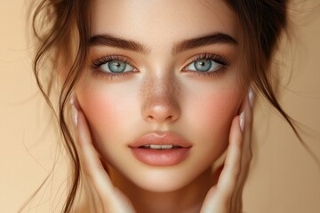 Obraz premium Closeup shot of slim lady with perfect ideal body touching soft skin on her hips with hands, posing over beige studio background, Generative AI