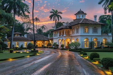 Fototapeta premium Majestic colonial mansion with elegant arches and warm lighting situated amidst lush tropical gardens and palm trees at sunset