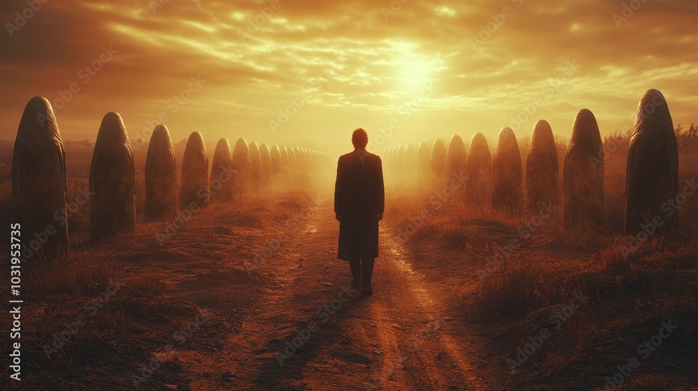 Poster A man walks through a field of large stone pillars