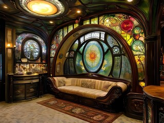 Obraz premium Lavish Art Nouveau Inspired Psychic Energy Harvesting Facility with Ornate Interiors and Stained Glass Windows