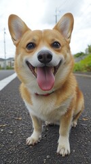 Happy corgi enjoying a sunny day while sitting on a quiet roadside