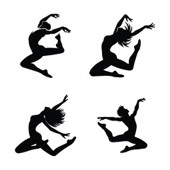 Silhouette of a black dancer leaping in mid-air vector set icon with  white background