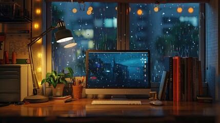 The image shows a desk with a computer lit by a desk lamp, a plant and books on the desk, and a window looking out at a rainy night.