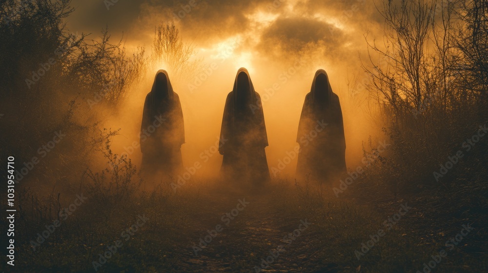 Poster Three witches are standing in a foggy forest