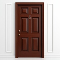 Obraz premium A wooden door with decorative panels and a hook, set against a plain wall.
