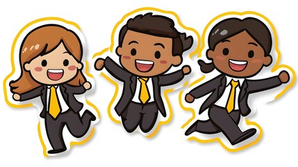 Fototapeta premium A cartoon sticker of three office workers, one male and two females, all wearing business attire and smiling while running with excitement