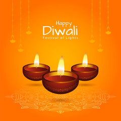 Happy diwali festival beautiful diya background with hanging diya ornaments