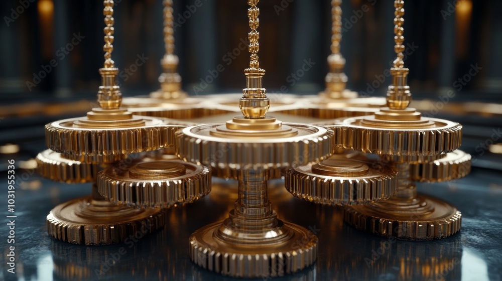Poster golden gears mesh perfectly in an elaborate arrangement, highlighting meticulous design and engineer