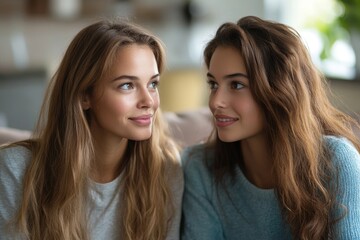 Naklejka premium Loving mother listening to daughter with empathy and understanding, sitting together on sofa at home, parent communicating with teenager, Generative AI