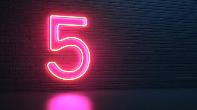 Pink Neon Number Five Sign On Dark Brick Wall Background. 3D Rendering Illustration With Copy Space.