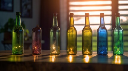 Colorful Glass Bottles on a Table with Sun Rays