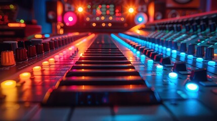 Obraz premium Music Production, vibrant colors, studio setting, close-up, detailed