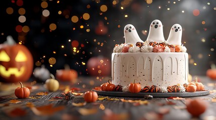 Halloween-themed cake with ghost decorations and festive elements.