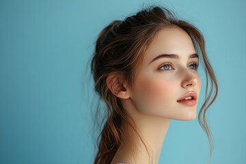 Fototapeta premium Young woman after rhinoplasty operation with perfect nose profile, posing on blue studio background, side view shot, Generative AI
