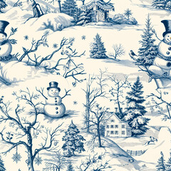 Fototapeta premium winter snow scene old christmas vintage semaless pattern Toile De Jouy decor