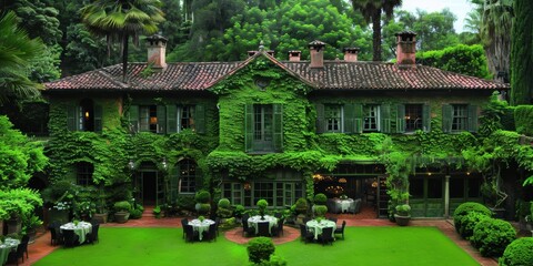 Obraz premium An enchanting ivy-covered mansion surrounded by lush greenery and elegantly set tables creates a serene ambiance for an outdoor garden event