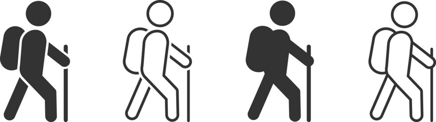 Hiking vector icons set. Hiking and trekking vector icons. Hiking icon