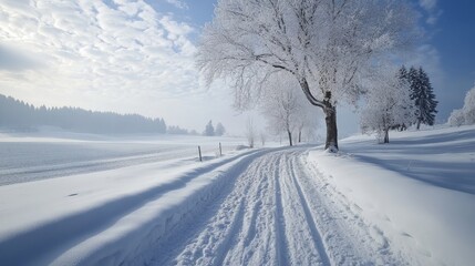 Obraz premium Serene winter landscape on a snowy day with frost-covered trees and a crisp white blanket of snow covering the rolling hills, capturing the tranquil beauty of nature in the cold season with clear blue