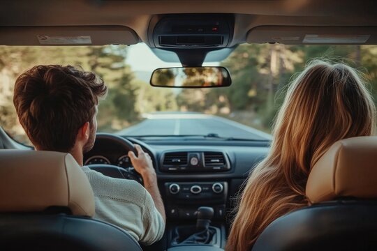 Car renting, leasing concept. Cheerful spouses test driving new auto together, shot from vehicle dashboard. Car trip, Generative AI