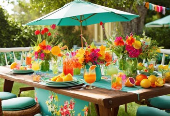 Obraz premium vibrant cocktail garnishes placed colorful summer table lively decor refreshing beverages, drinks, orange, lemon, berry, mint, glass, ice, fruit, plate