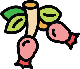 Simple vector icon of a branch of ripe rose hips with green leaves, in a cartoon style