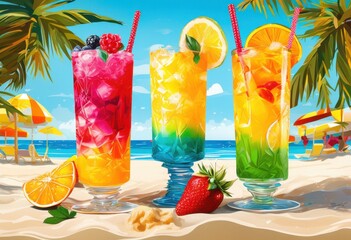 colorful frozen cocktail creations set bright summer backdrops featuring refreshing ingredients lively presentation, drink, beverage, tropical, vibrant